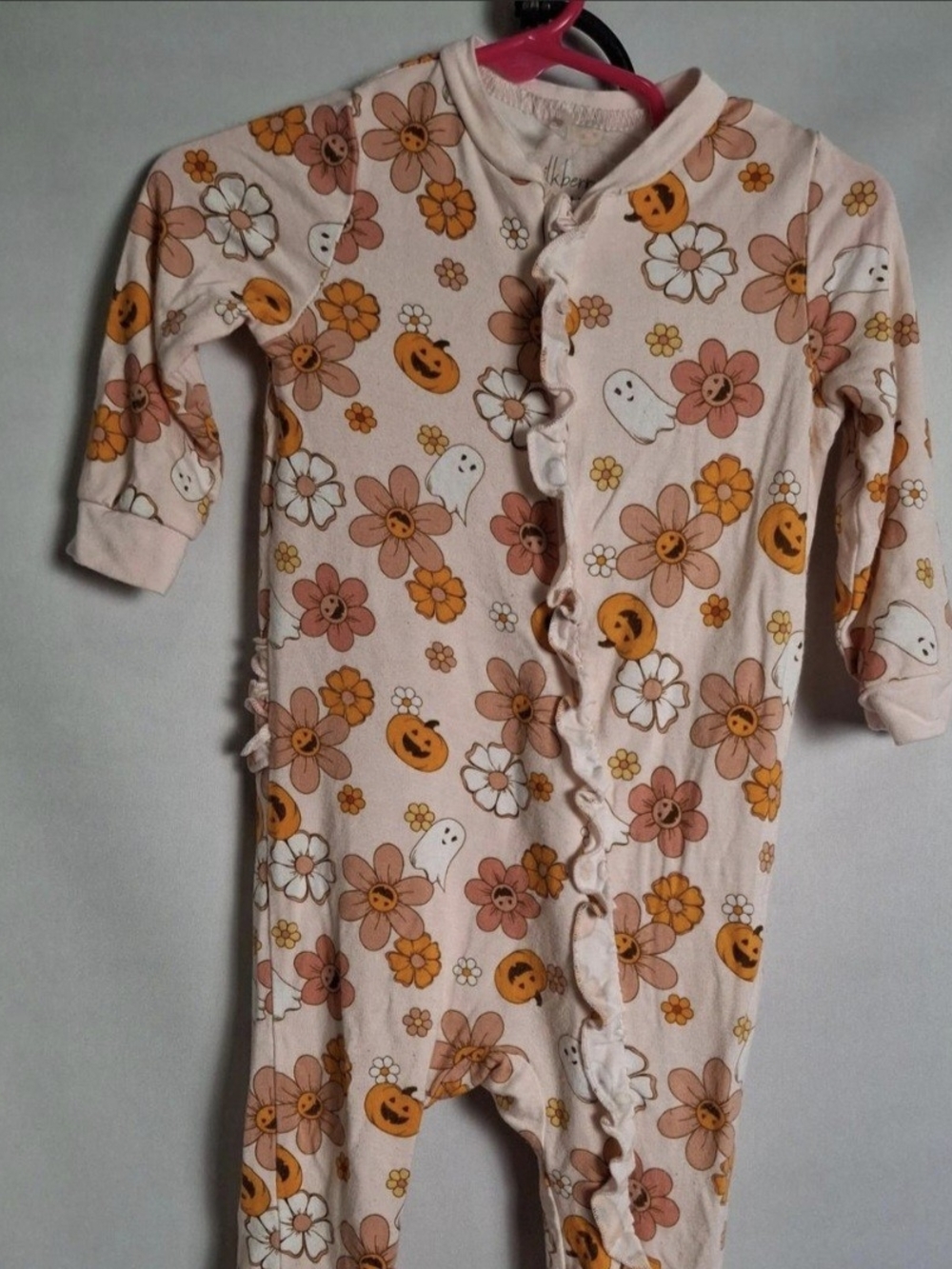 Girls Pink Floral & Pumpkin Ruffle Footie One-Piece